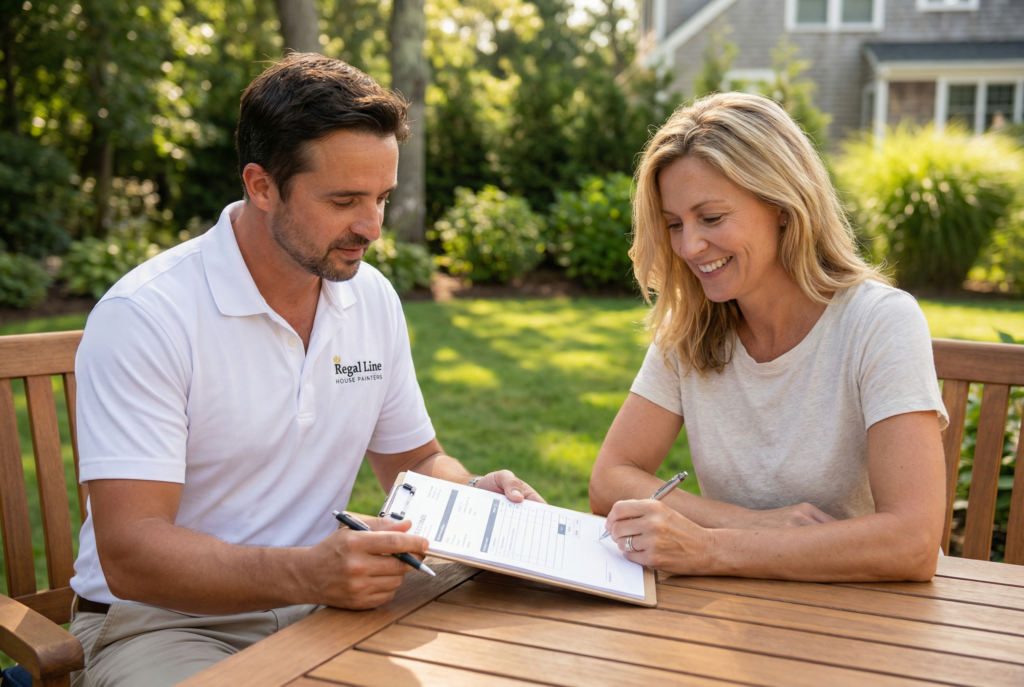 Homeowner reviewing paperwork with a Regal Line representative outdoors in a residential setting