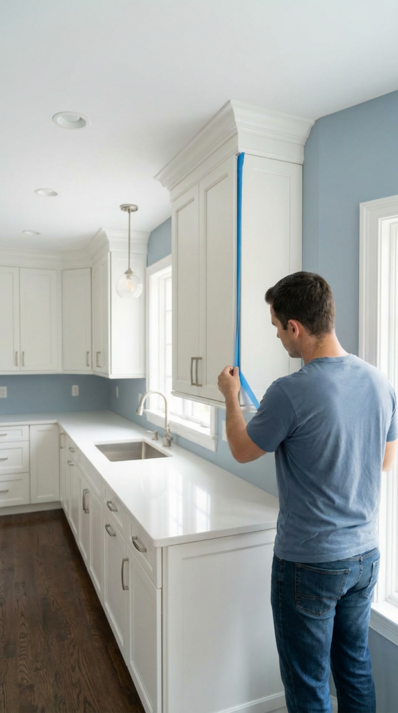 Painter masking cabinetry before refinishing in a Westport kitchen