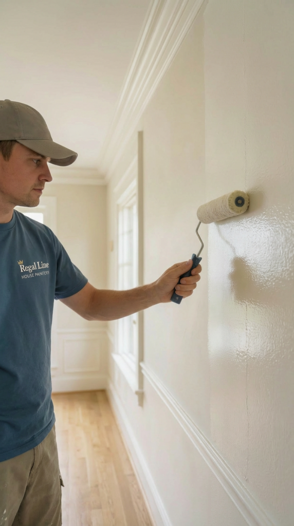 Interior painter applying finish coat inside a Westport residential room